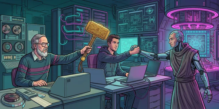 Tech-fantasy w stylu komiksowym. Trzy pokolenia programistów: inżyniera z lat 70. trzymającego świecący, złoty cyber-młot, współczesnego dewelopera oraz futurystycznego, cybernetycznego programistę podających sobie dłonie w serwerowni.